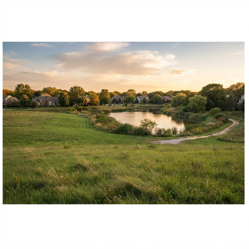 Open green space beside a pond at sunset, adjacent to Ridgeland Manor homes and a prime candidate for expanded amenities